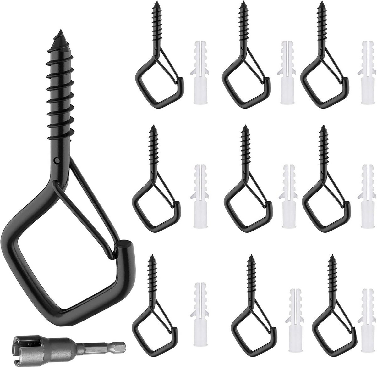 10x Zwarte Schroefhaken Set - RVS Plafondhaken voor het ophangen van planten, verlichting en decoratie