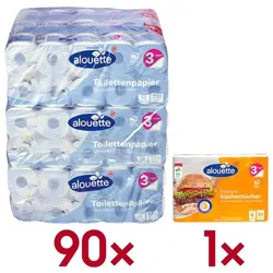 alouette Toilettenpapier Classic 3-lagig 90 Rollen (9 Pack à 10 Rollen) inkl. Küchenrolle weiß