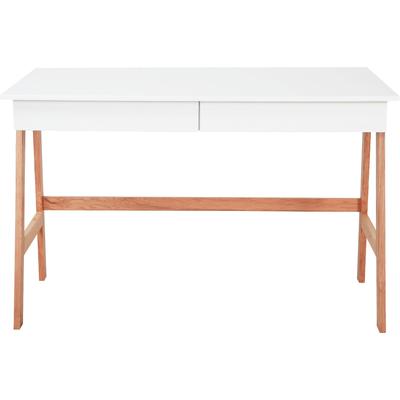 Schreibtisch MÖBILIA "Herdis", weiß (weiß, natur, natur, weiß), B:120cm H:77cm T:60cm, MDF, Beine Heveaholz, Tische, Schreibtisch, mit 2 grifflosen Schubladen