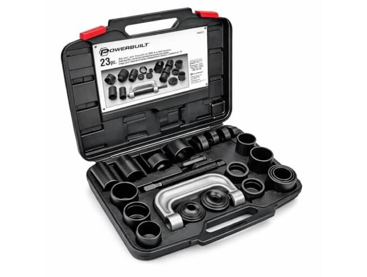 Powerbuilt 23-teiliges Kugelgelenk- und U-Gelenk-Service-Set – 648617 23-teiliges Kugelgelenk- und U-Gelenk-Service-Set mit hochbelastbarem C-Rahmen, Adaptern und Rohren für schnelle Demontage
