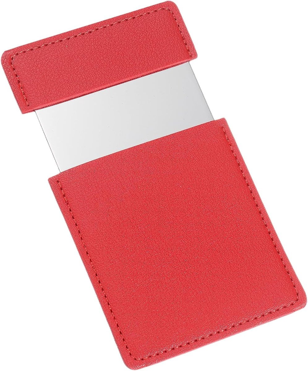 Compacte roestvrijstalen zakspiegel met lederen etui, Rood, 6 x 9 cm