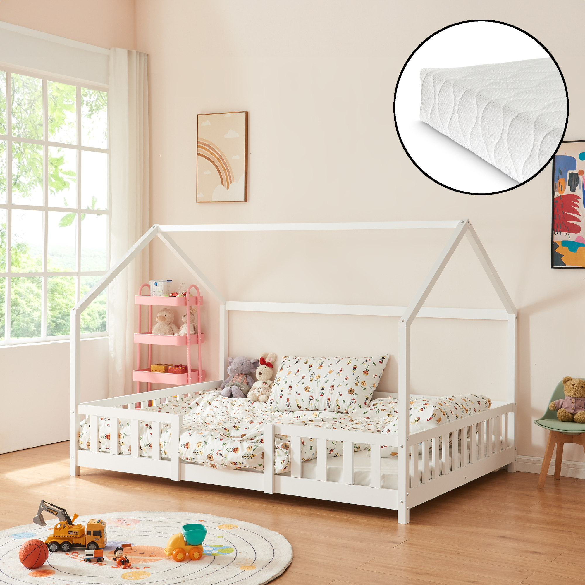 Kinderbett 'Sisimiut' in Haus-Optik mit Matratze und Rausfallschutz Kiefernholz 120 x 200 cm Weiß
