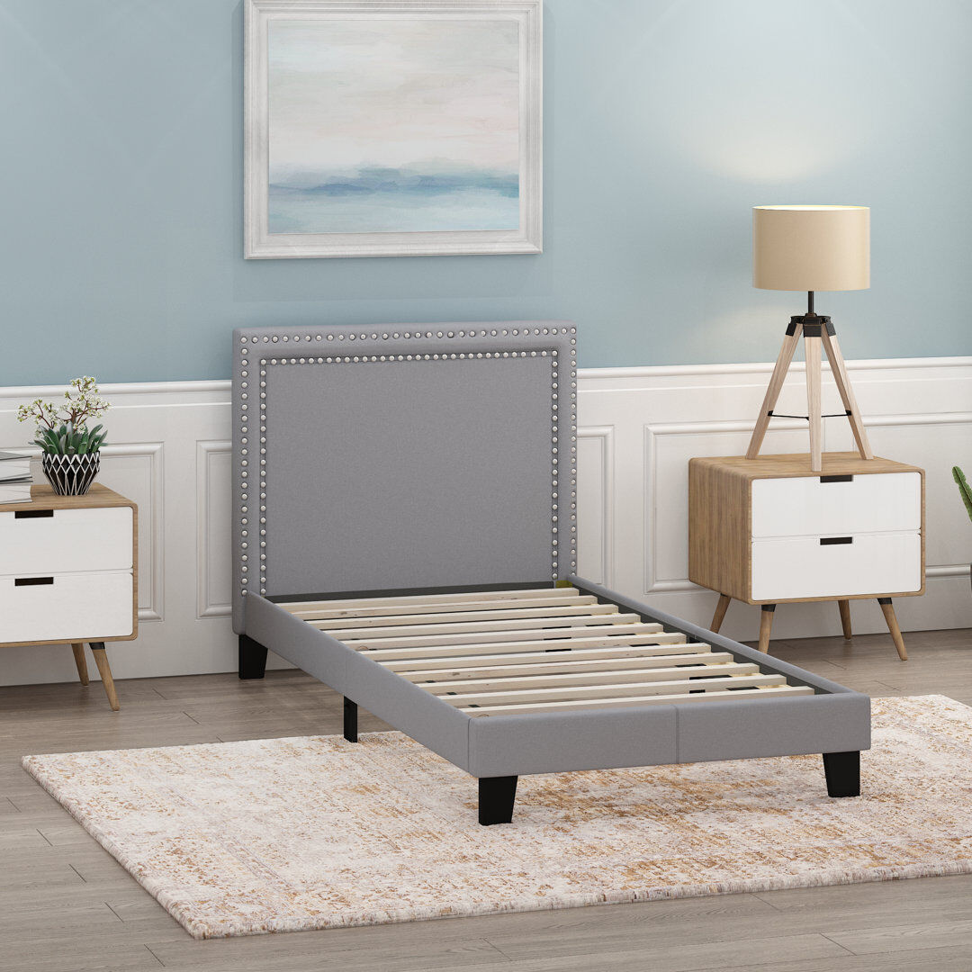 17 Stories Alpern Upholstered Double Row Nail Head Bed Frame Grey Single (3')