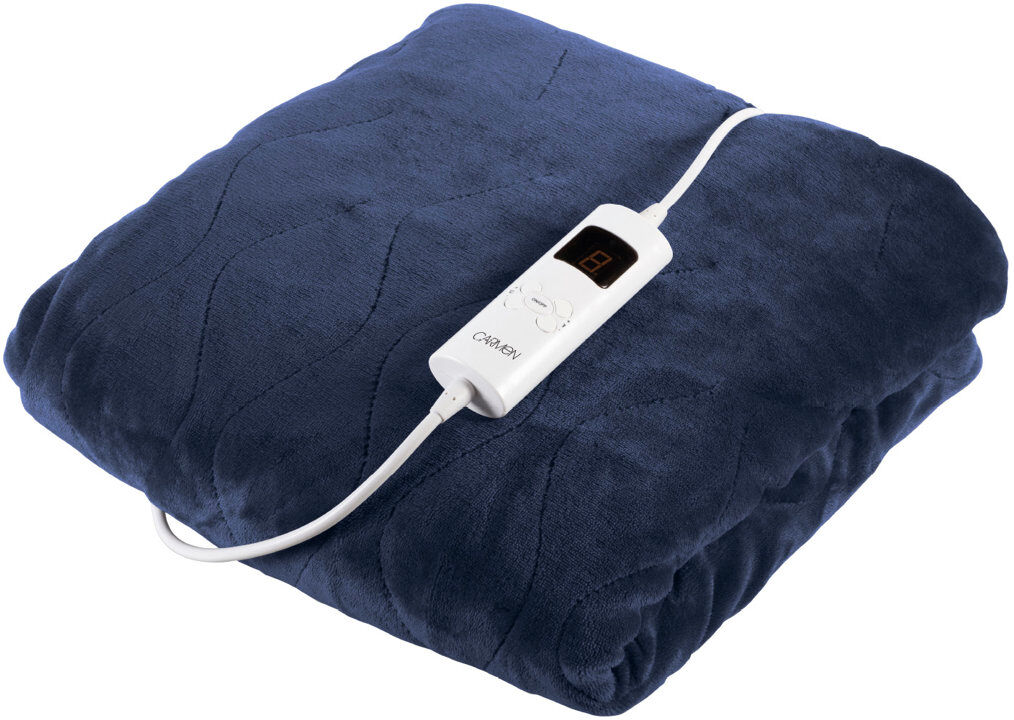 Carmen Comfort Fleece Luxury Electric Heated Throw and Over Blanket with 9 Heat Settings, Adjustable Timer and 230gsm Flannel Fleece Material Blue 130cm W X 160cm L