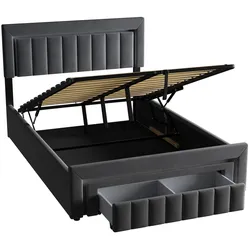 OKWISH Polsterbett mit LED-Beleuchtung, Velours Grau, 140 x 190 cm