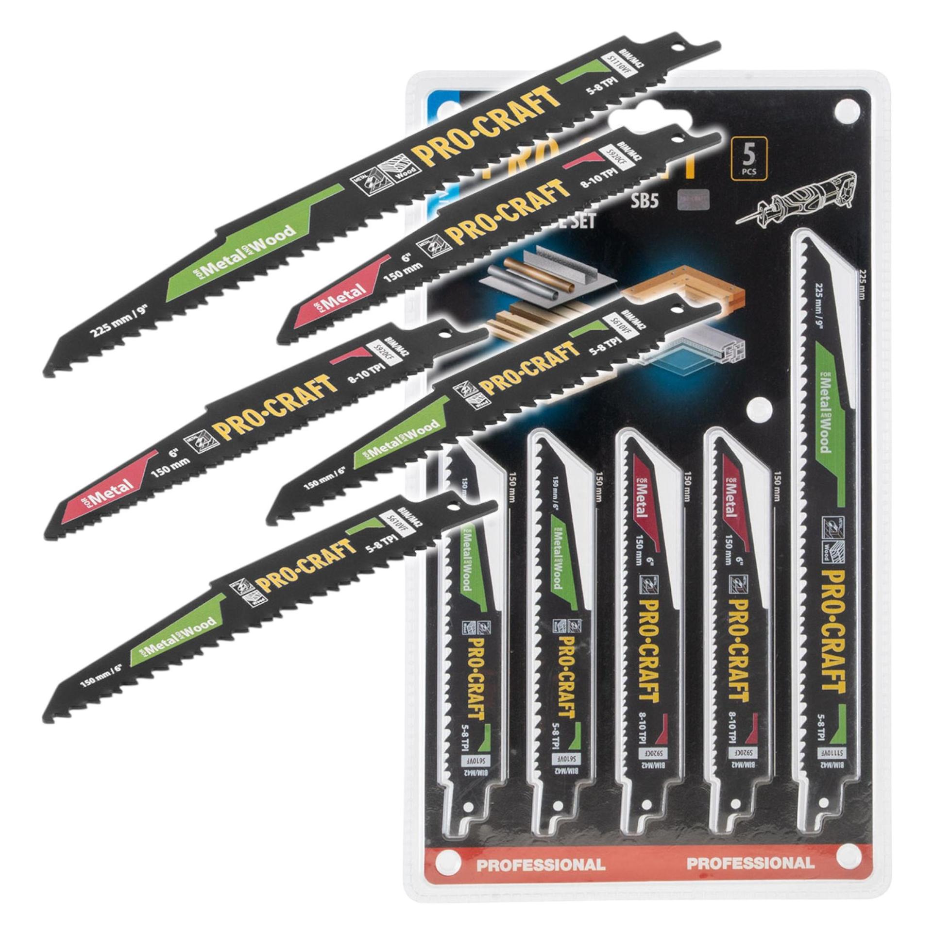 Procraft SB5 Säbelsägeblatt Set 5 tlg. 150 - 225 mm für Holz / Metall / Kunststoff (72279559)