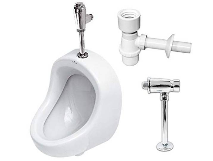 VBChome- Set: Urinal Zulauf Oben Weiß Modern Hochwertig Keramik Pinkelbecken senkrecht Pissoir PRÄSIDENT + Spülventil Urinalspüler Druckspüler HYDRO H + Siphon Flaschensiphon A50132