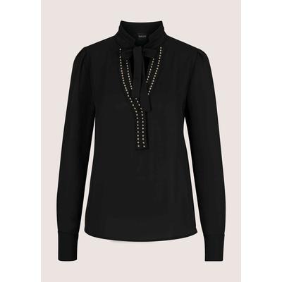 Langarmbluse MADELEINE "Bluse Schluppenbluse mit Nietenbesatz", Damen, Gr. 36, schwarz (schwarz, goldfarben), Modern, comfort fit, hoch geschlossener Ausschnitt, Blusen