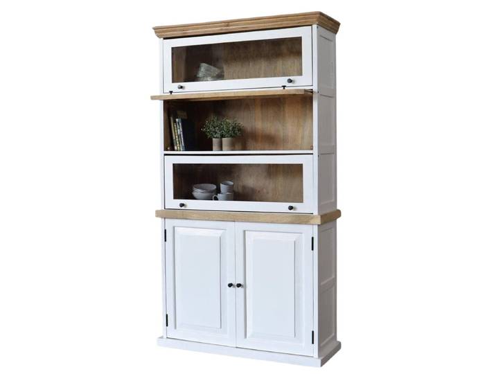 Schrank TAVEL Vitrine Klapptüren Glas weiss massiv Mangoholz Klappfach
