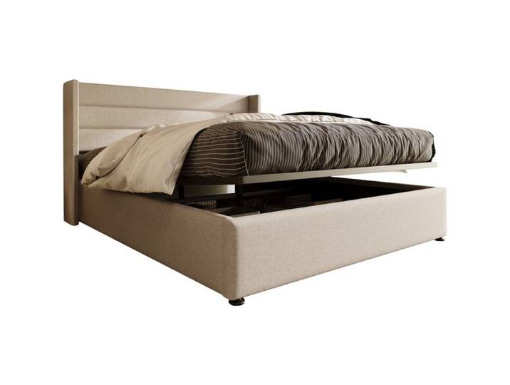 Lit Coffre Double 180x200 cm - Lit avec Grand Coffre de Rangement - Lin et Métal - Sans Matelas - Beige