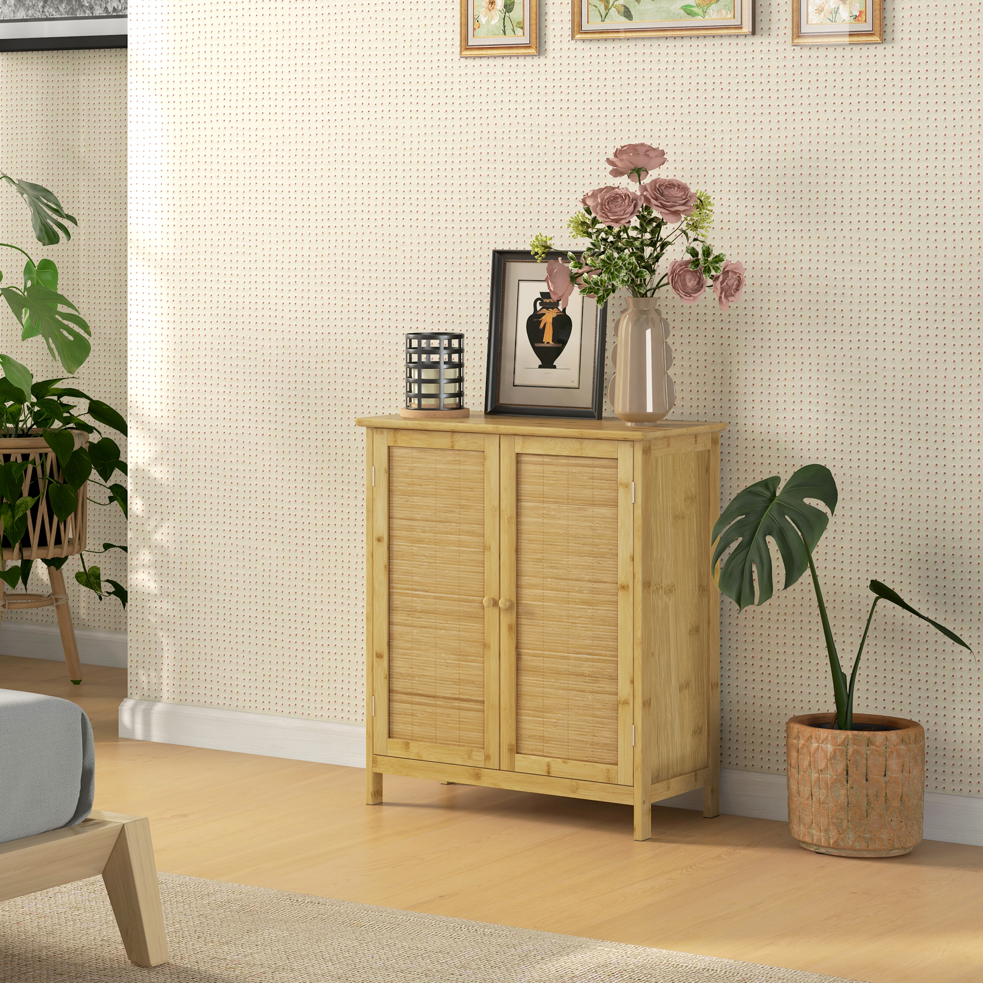 Homcom Credenza Stile Boho in Rattan e Bambù con 2 Ante e Mensola Interna, 60x27x67.5cm, Colore Legno