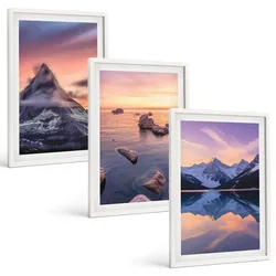 BILDER SET 3er Set - 40x60 cm Weißer Rahmen - Berglandschaft, See, Westen