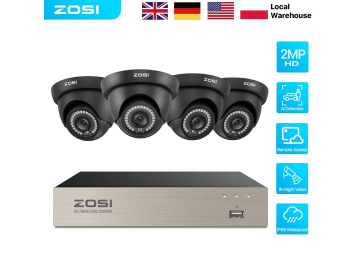 Système de vidéosurveillance HD 1080p ZOSI, DVR 8 canaux H.265+ avec caméras dôme de sécurité 2MP, vision nocturne intérieure/extérieure 80 pieds, enregistrement 24/7, kit CCTV