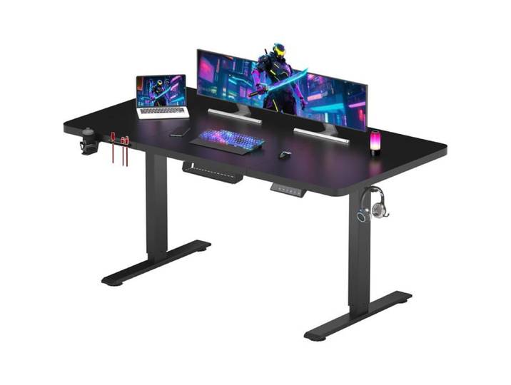 SANODESK Bureau Gaming Réglable en Hauteur 140x60 cm Bureau Assis Debout Table Gamer Électrique Contrôle avec Crochet Noir