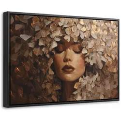 LEINWAND Bilder mit Rahmen - Gesicht - Dame - Blätter - Pinselstriche - 30x20