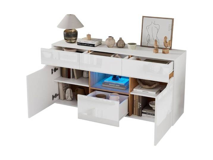 Buffet de salon avec 4 tiroirs armoire avec deux compartiments large commode sans poignée meuble d'appoint brillant avec