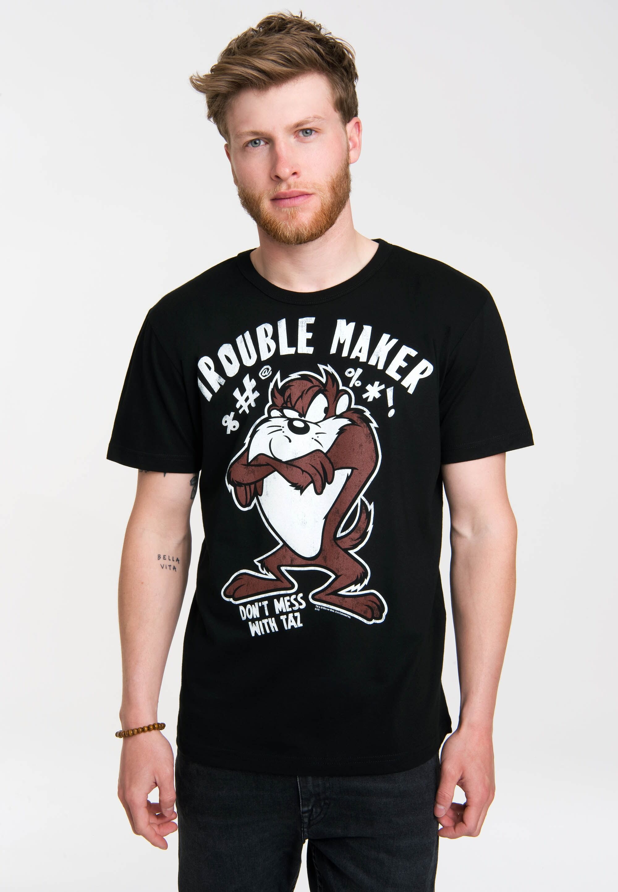 T-Shirt LOGOSHIRT "Tasmanischer Teufel - Looney Tunes", Herren, Gr. S, bunt (schwarz, mehrfarbig), 100% Baumwolle, bedruckt, normal, Rundhals, Shirts T-Shirt, mit tollem Frontprint