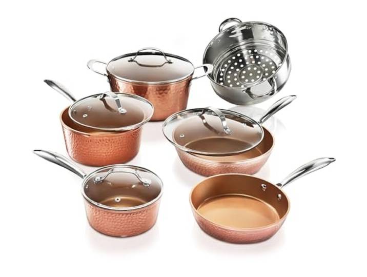 GOTHAM STEEL Gehämmertes 15-teiliges Kupfer-Topf- und Pfannenset, antihaftbeschichtet, Küchen-Kochgeschirr-Sets, Topf- und Pfannen-Set, Keramik-Kochgeschirr-Set, ungiftiges Kochgeschirr-Set,