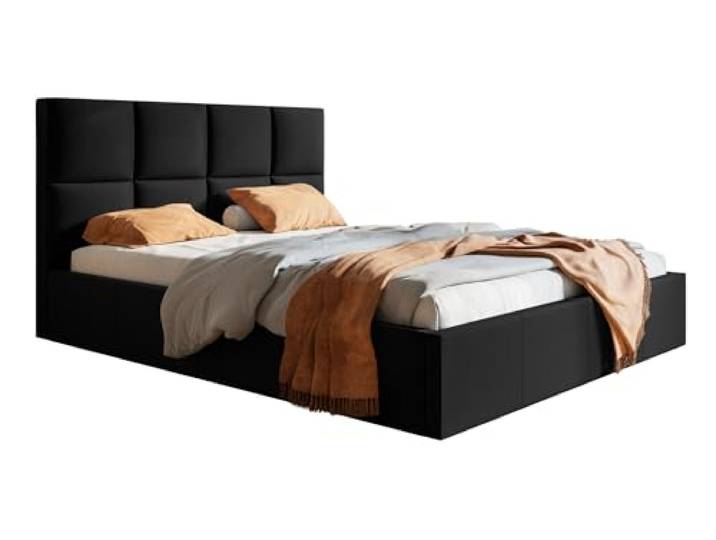 Emporius Polsterbett 140x200 Fado, Schlafzimmerbett - Doppelbett mit Bettkasten, Lattenrost - Samtstoff (Schwarz - Jasmine 100)