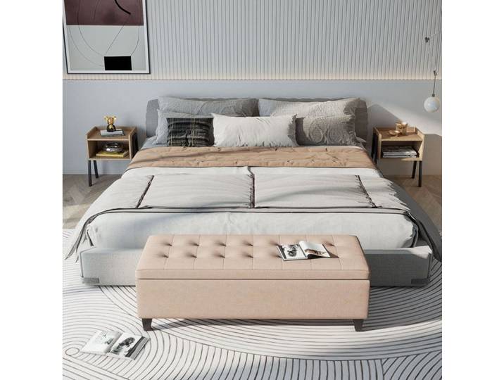 Banc coffre capitonné AESVAR 125 cm avec rangement tissu aspect lin beige