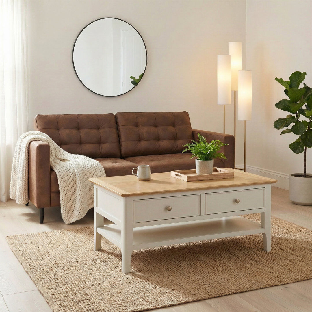 Rebrilliant Bodkin Wooden Rectangular Coffee Table With Drawers & Shelf - Traditional Farmhouse Style Cream 45cm H X 100cm W X 58cm D