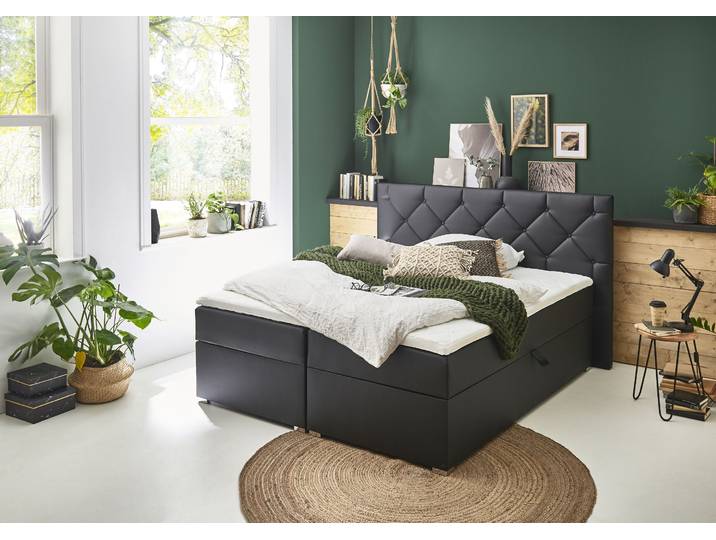 Boxbett Meike , schwarz, B:220cm L:207cm, Bezug Bett: Kunstleder;Taschen-Federkernmatratze: Kunstleder; Jersey (100% PES);Topper: Jersey 100% PES, ATLANTIC HOME COLLECTION, Komplettbetten, Boxbett, mit XXL-Bettkasten und Topper