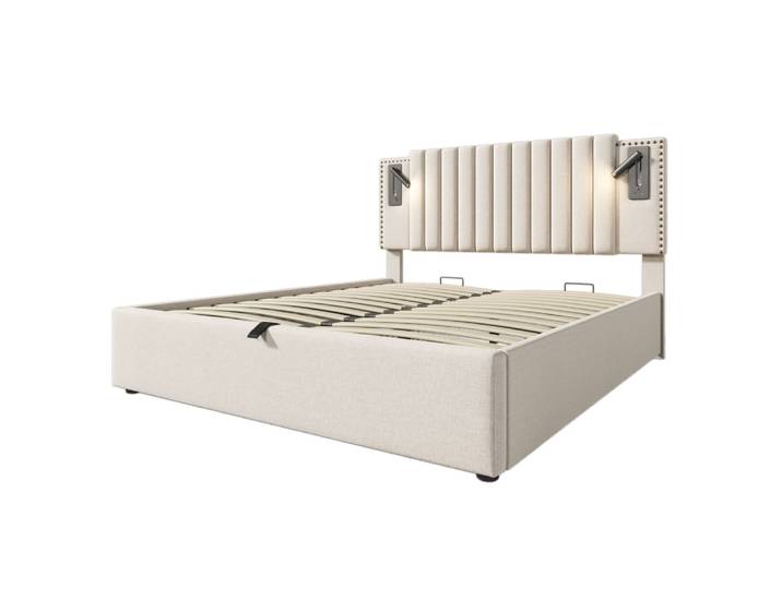 Lit tapissier double en coton beige 160x200cm