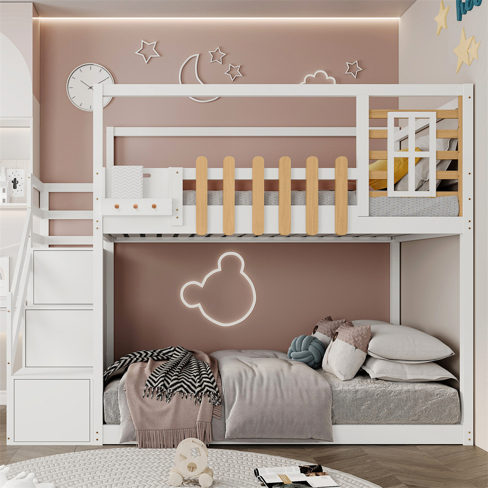 Etagenbett mit Treppe, Fenster und Regalkasten, Rahmen aus massivem Kiefernholz, Kinderbett mit 3 Schließfächer in der Treppe