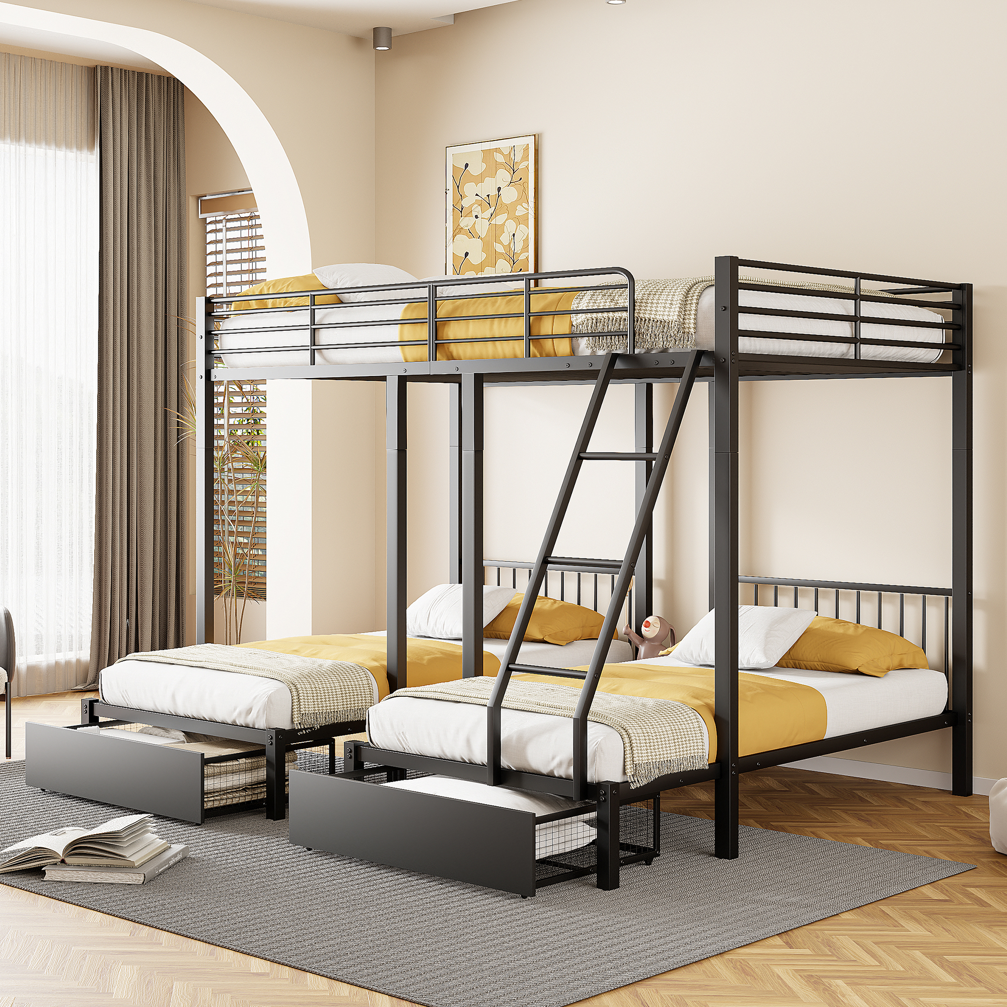 Merax Etagenbett 90x200cm/140x200cm mit Schubladen und Tisch, Hochbett mit Leiter und Rausfallschutz, Metallbett Kinderbett Jugendbett für 3 Kinder