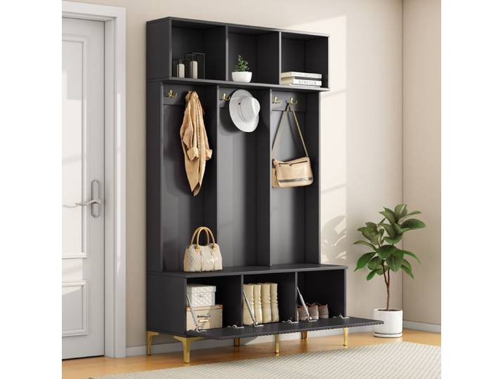 Penderie d'entrée avec Banc et Rangement - Portemanteau design avec Pieds et Patères Dorées - Noir - 120x40x191 cm