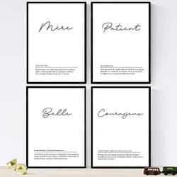 POSTER Set mit 4 Worten auf Französisch A3 Schwarzer Rahmen