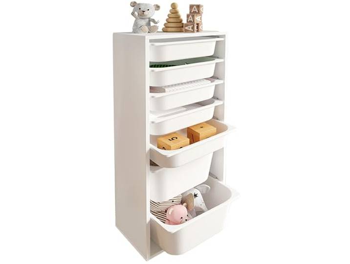 LEOKIDS Spielzeug-Aufbewahrungsbox für Kinderzimmer – Kinderregal mit 7 Boxen, Spielzeugschrank und Bücherregal für Kinder – Spielzeugkisten Organizer (7 Boxen, MDF)