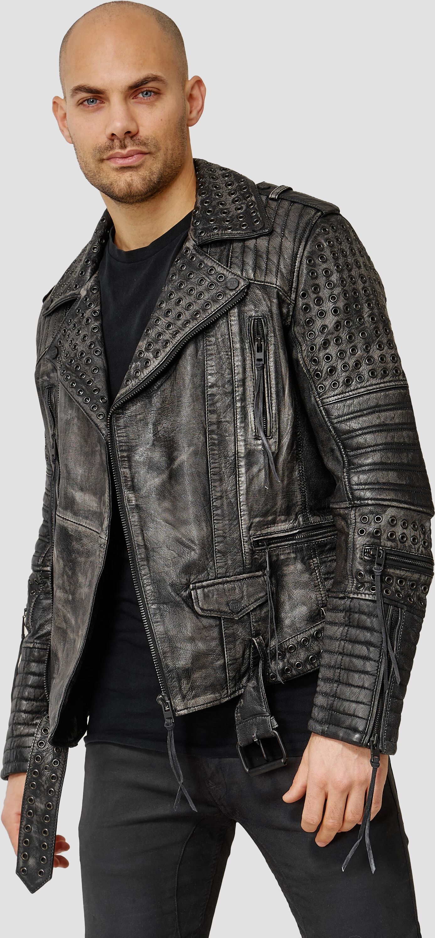 Lederjacke TRUEPRODIGY "Geralt mit Ösen und Waschung", Herren, Gr. S, schwarz, Obermaterial: 100% Ziegenleder goatskin., slim fit, Jacken Lederjacke