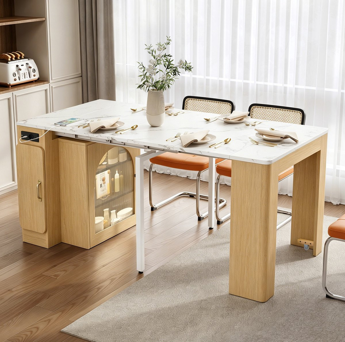 STILVORA Uitschuifbare Eettafel Keukeneiland met Opbergruimte en Stopcontact, Naturel