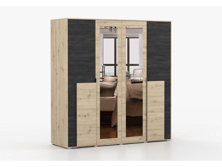 Drehtürenschrank BAFRA 200 cm Artisan Eiche Artisan Eiche + Schwarze Norwegische Kiefer