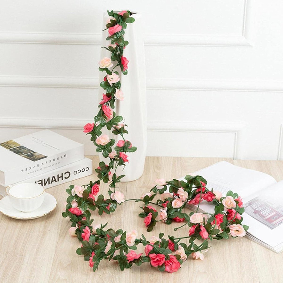 Kunstbloemen Klimop Rozen Guirlande - Roze Zijden Bloemen - 2.2 meter