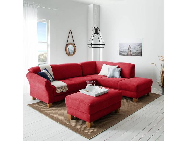 Ecksofa Webstoff Rot/Rot Webstoff 257 x 84 x 212cm Ottomane davorstehend rechts Sitztiefenverstellung Natur
