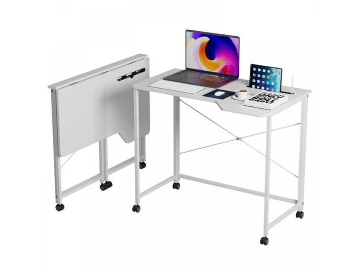 Bureau gaming pliable QUIIENCLEE avec roulettes verrouillables cadre métallique plateau en bois bureau d'ordinateur blanc