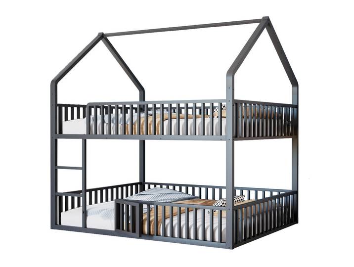 Okwish Etagenbett 140/200 cm schwarz mit Hausdesign und Sicherheitsgeländern, Schwarz, Metall, 140x200 cm, Babymöbel & Kindermöbel, Kinderzimmer & Jugendzimmer, Stockbetten