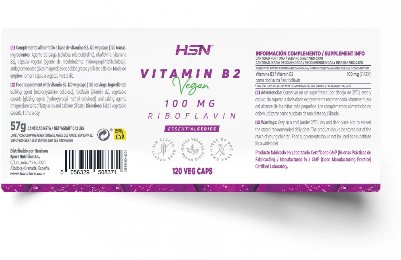HSN Vitamina B2 (riboflavina) 100mg - 120 veg caps - Piel, Pelo y Uñas - Cápsulas Vegetales - 120  Servicios