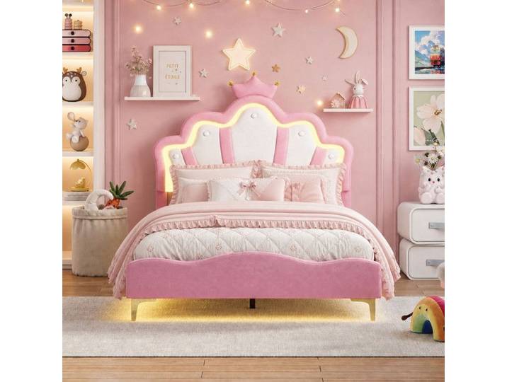 Lit Princesse 140x190 cm lit 140x190 enfant avec sommier lit fille avec LED velours rose tête de lit réglable en hauteur