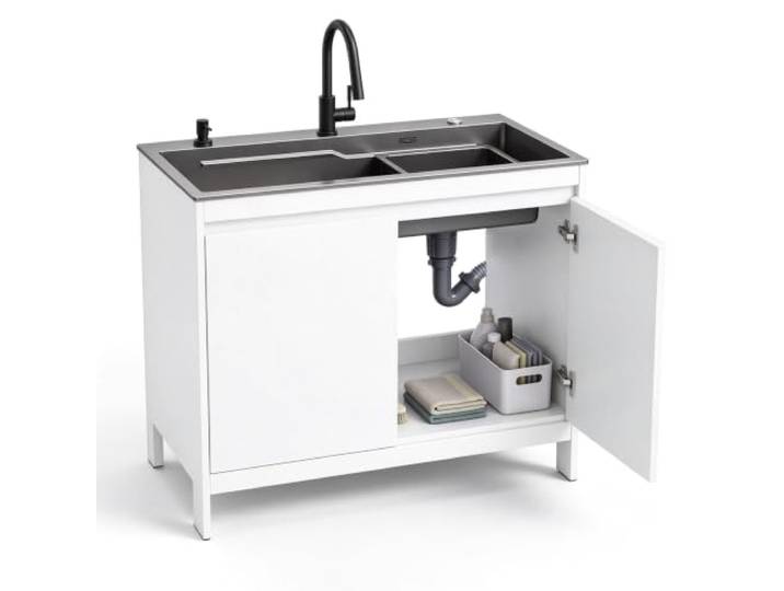 Küchenspüle Unterschrank Set mit Armatur 304 Edelstahl Spültisch mit Großem Freiraum & Geruchsstopp Ablaufschlauch, Komplettes Zubehör(White (With Legs),80cm/31.5in)