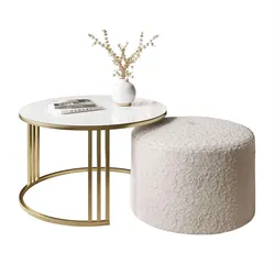 COUCHTISCH mit Hocker LORI GLASS gebürstetes Gold/weißes Glas/Coral 65