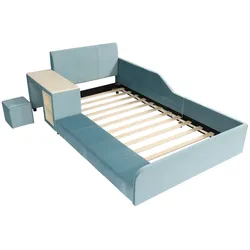 MODFU Polsterbett Samt Blau/Neutral 90x200 cm mit Schreibtisch, Hocker und seitlichem Stauraum