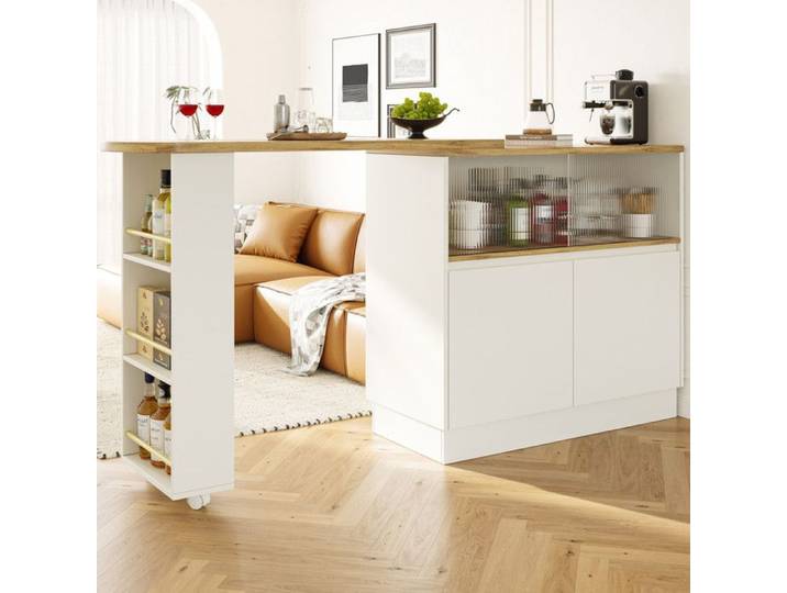 Table de bar extensible rotatif à 360° 90x45x100cm buffet rotatif multifonctionnel avec Étagères et portes de fermeture