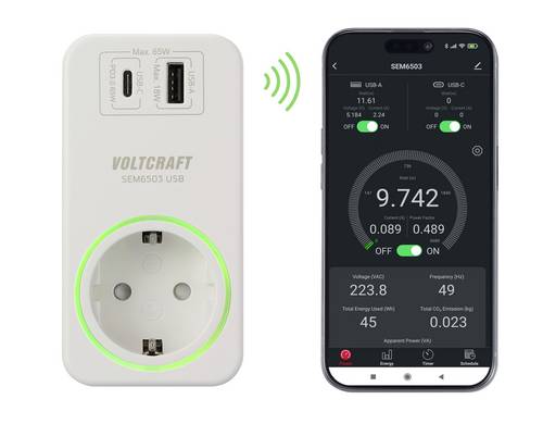 VOLTCRAFT SEM6503 Energiekosten-Messgerät USB-Schnittstelle, USB-Messung (Ladeleistung), inkl. Funksteckdose, Datenexport