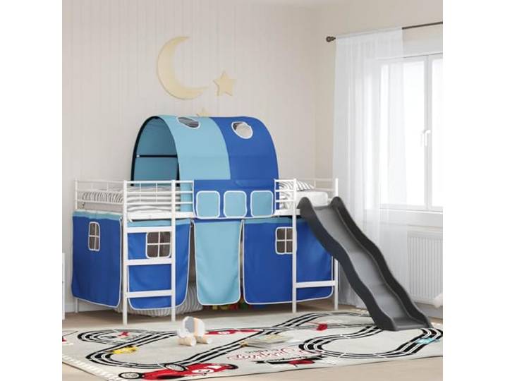 RJPLMFV Hochbett für Kinder, 107 x 203 cm, Metall Langlebiger Stahl, Netzvorhänge, integrierte Rutsche, Lattenbogen