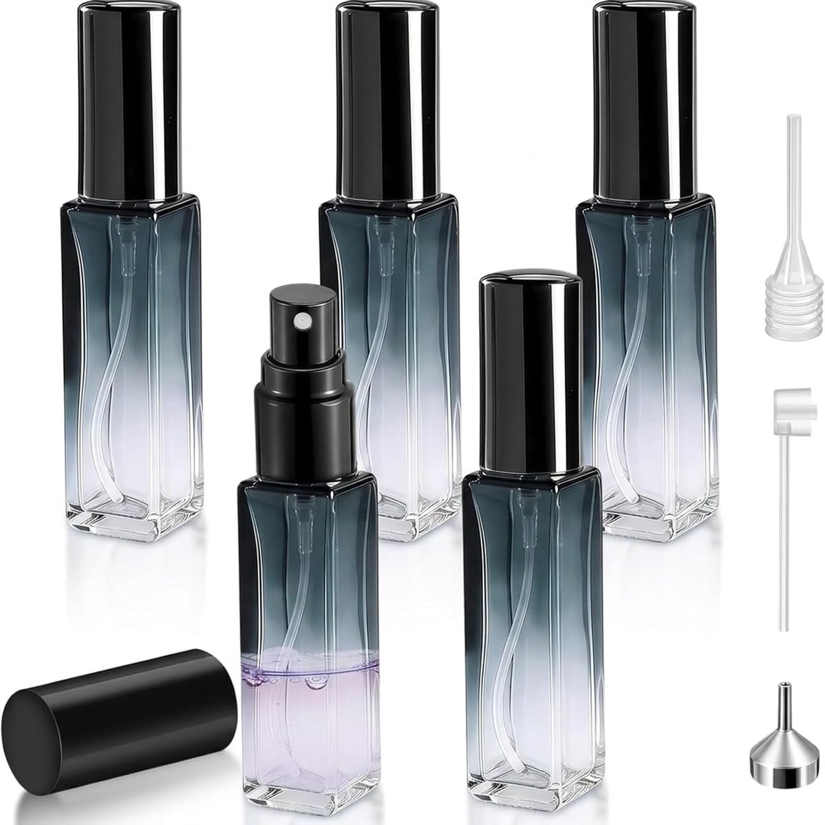Set van 3 navulbare glazen parfumverstuivers van 10 ml met accessoires, blauw