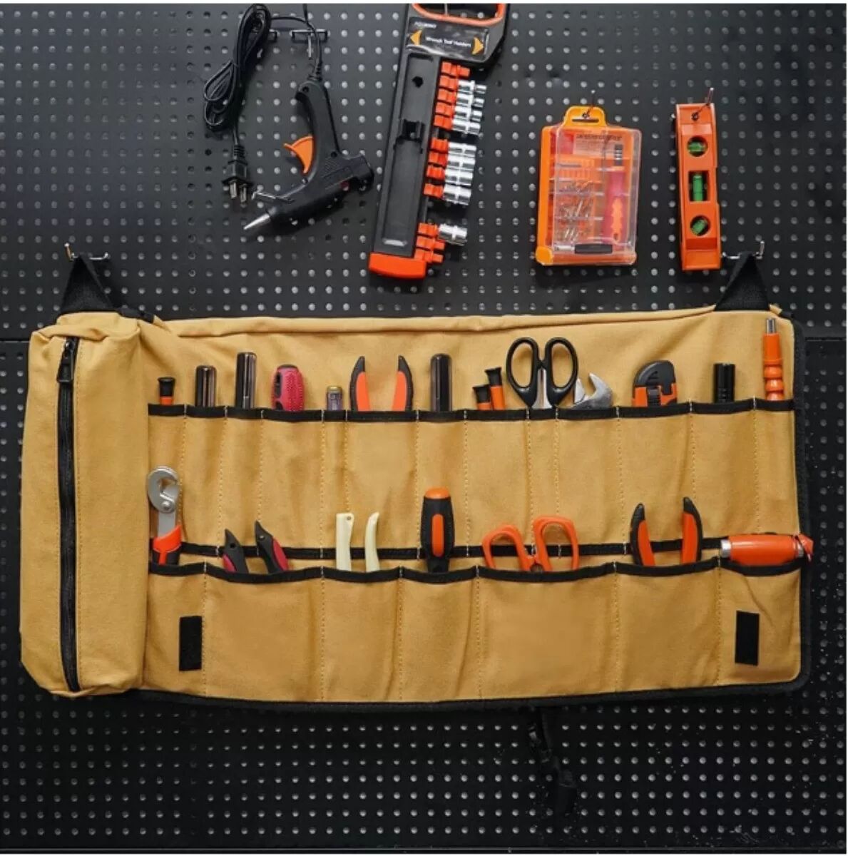 INF Sac à outils enroulable de voyage portable - Organisateur en toile pour outils Marron