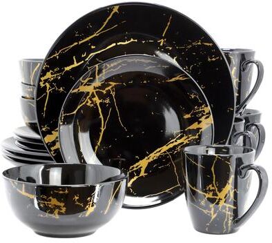 Elama Fine Marble 16 Piece Porcelain Dinnerware Set in Black with Gold Veins